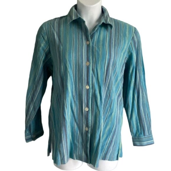 Draper's & Damon's Button Up Top Blue Yellow Stripes Women's Size Large NEW NWT - Picture 2 of 8